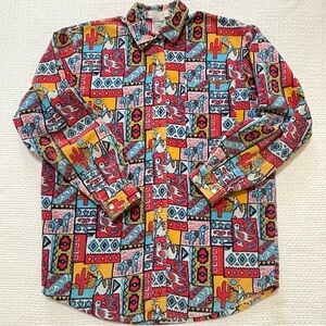 Vintage Please Thank You Long Sleeve Tribal Aztec Print Corduroy Top
